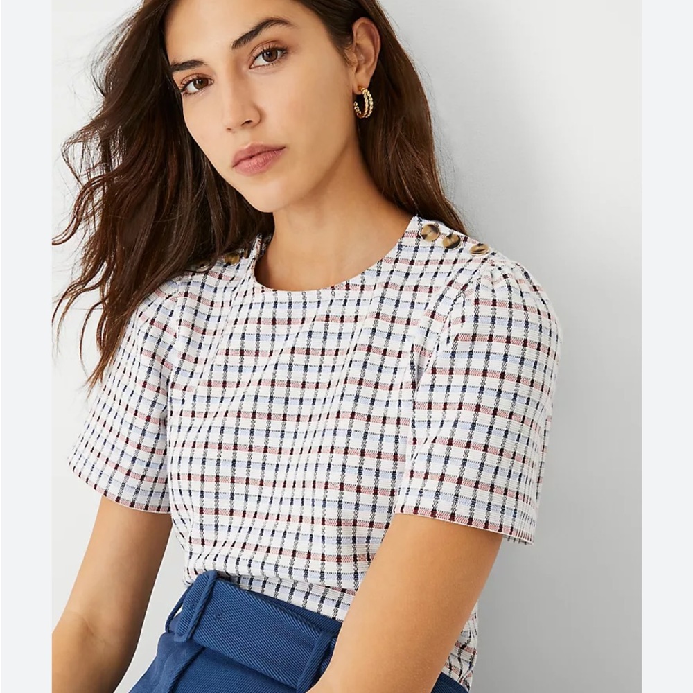 Ann Taylor Plaid Shoulder Button Top-New with Tags